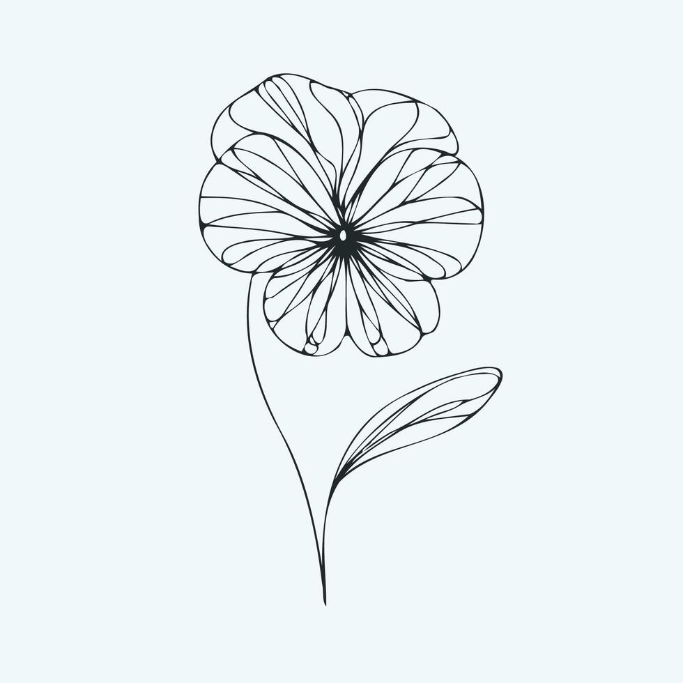 Adobe Illustrator Artwork. Viola flower. Hand drawn illustration Isolated on white background contour flowers pansies lineart floral leaves black and white illustration plants stylized Violet Wittrock vector