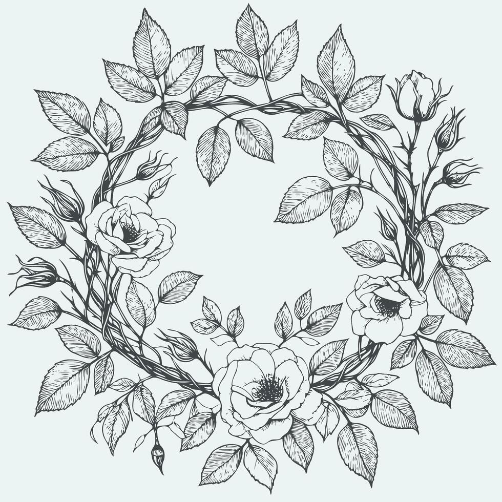 Adobe Illustrator Artwork. Wreath Of Flowers, Leaves Black And White Frame Illustration, Set Of Decorative Elements Of Plants Background, Border Line Art, Lineart vector