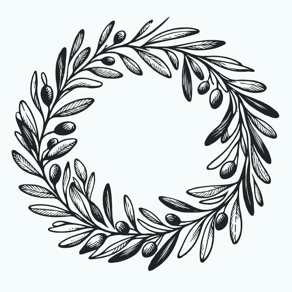 Adobe Illustrator Artwork. Laurel Motif, wreath symbol. A wreath with a green leaves and a symbol for the winner of the contest. A wreath with the words olives on it vector