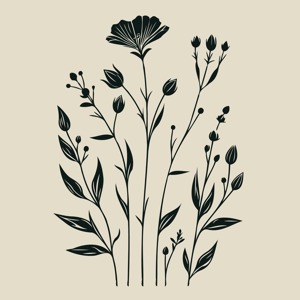 Adobe Illustrator Artwork,lineart, hand drawn flower. Black and white floral, drawing contour line art of wildflowers, meadow grasses, stems, herbs, leaves. set elements of plants, Floral vector