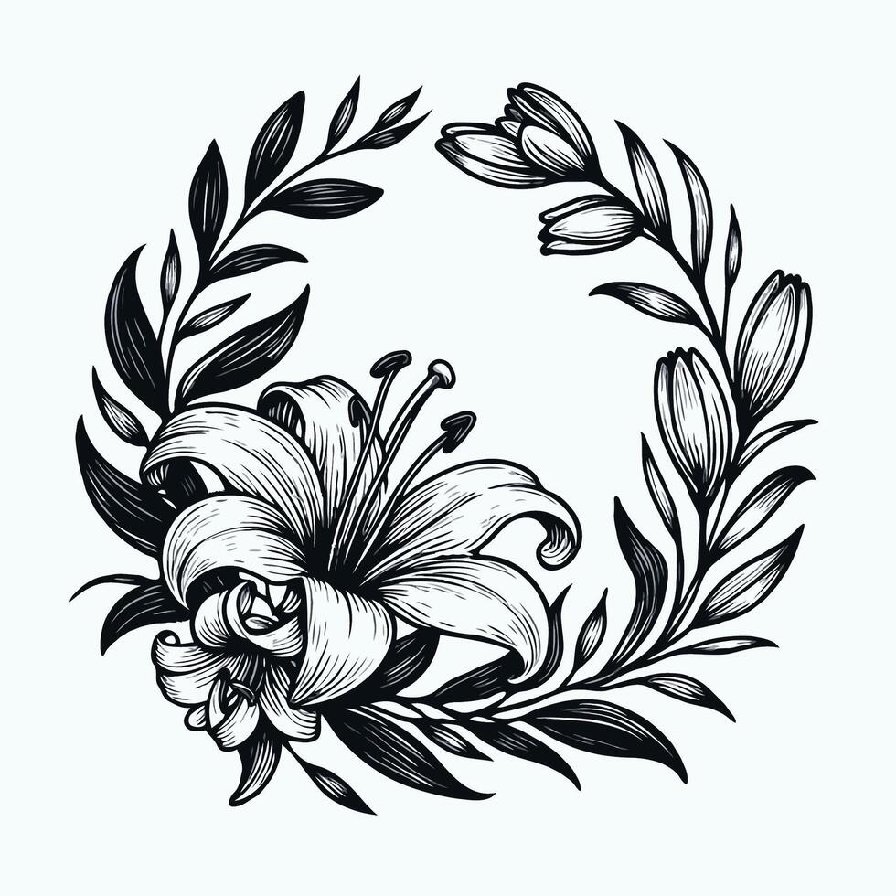 Adobe Illustrator Artwork, lilies sketch, lily flower, Outline floral wreath of flowers, elegant floral frame, Floral background in line art. vector