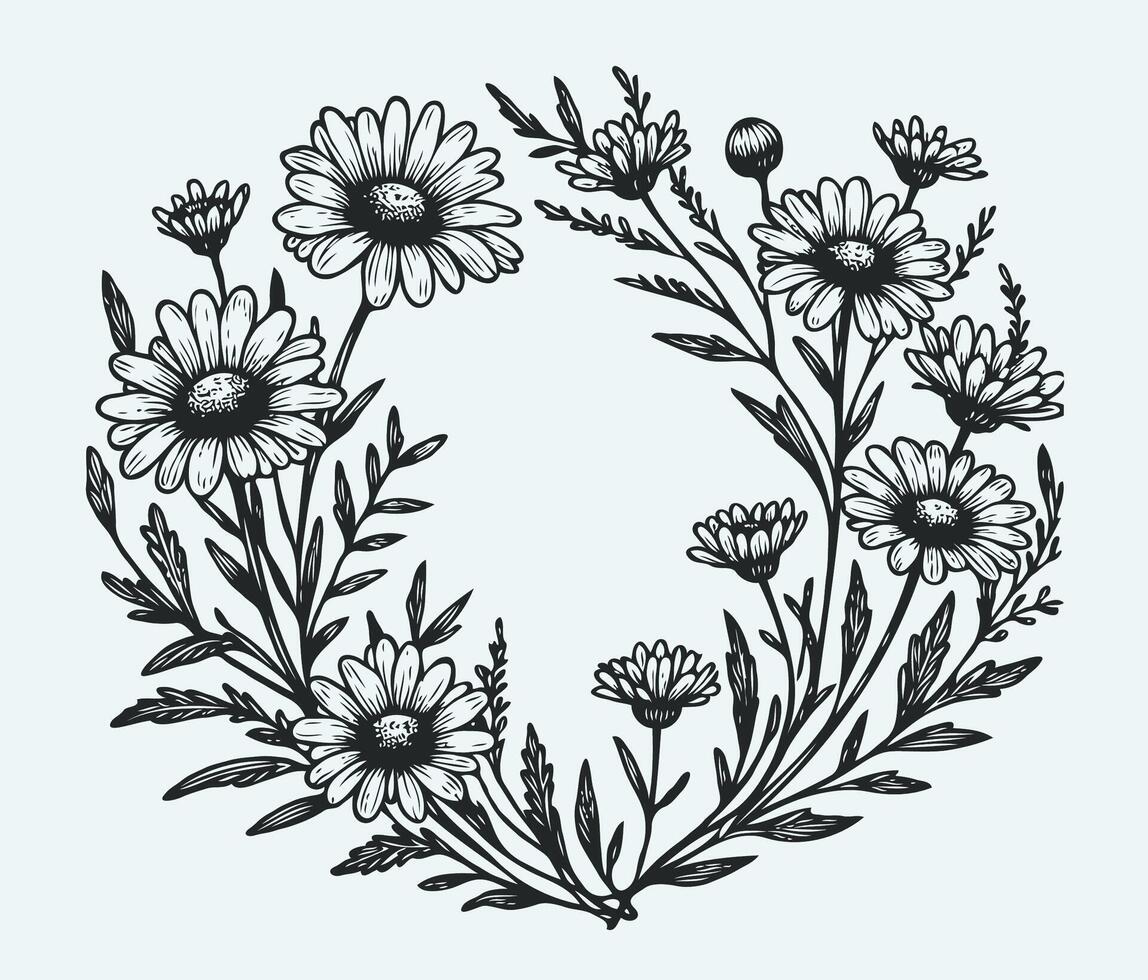 Adobe Illustrator Artwork. Wreath Of Flowers, Leaves and buds Black And White Frame Illustration, Set Of Decorative Elements Of Plants Backgroun, Border Line Art, Lineart vector