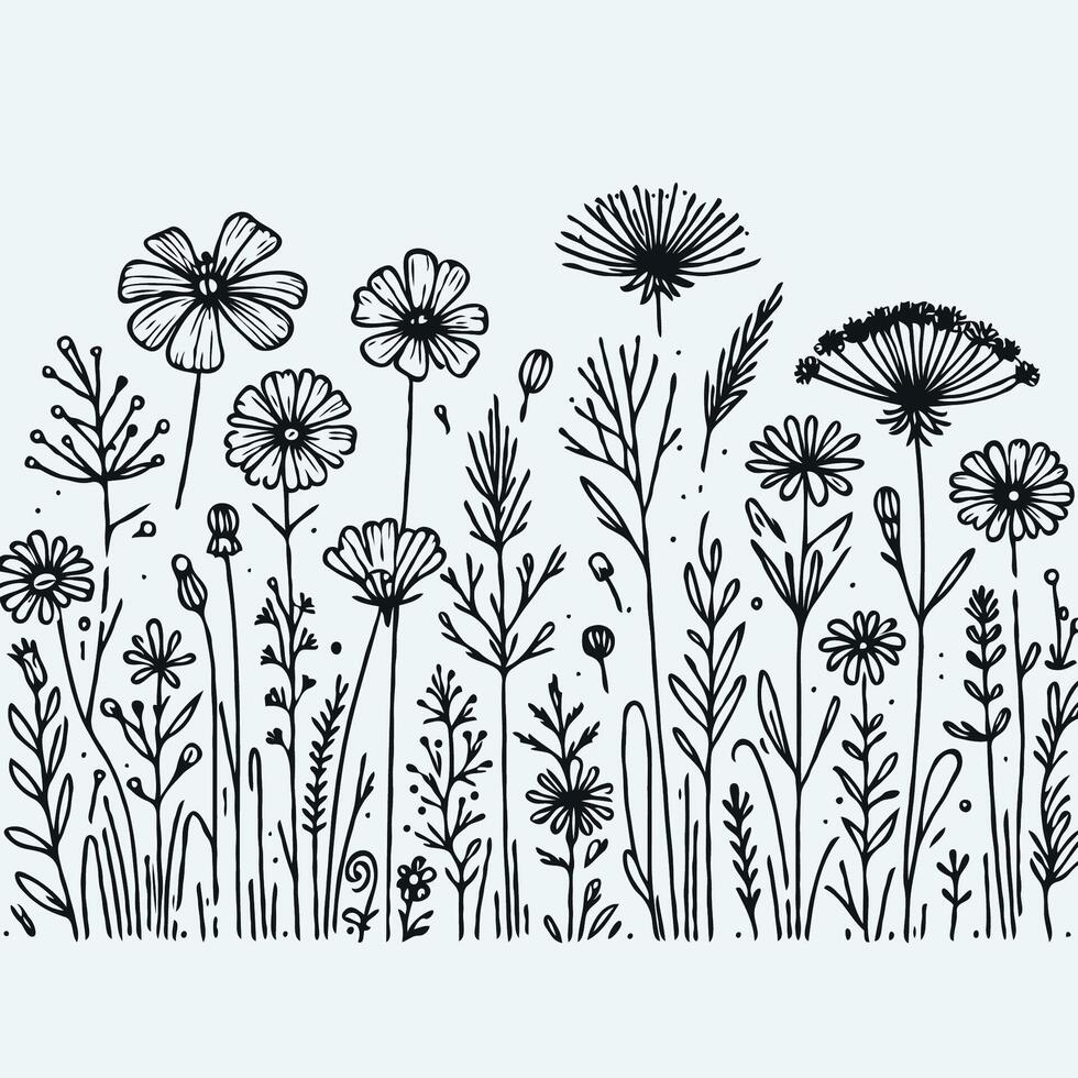 A black and white drawing of flowers, Set abstract elegant line art flower and leaf. Continuous boho line art silhouette of floral artwork vector