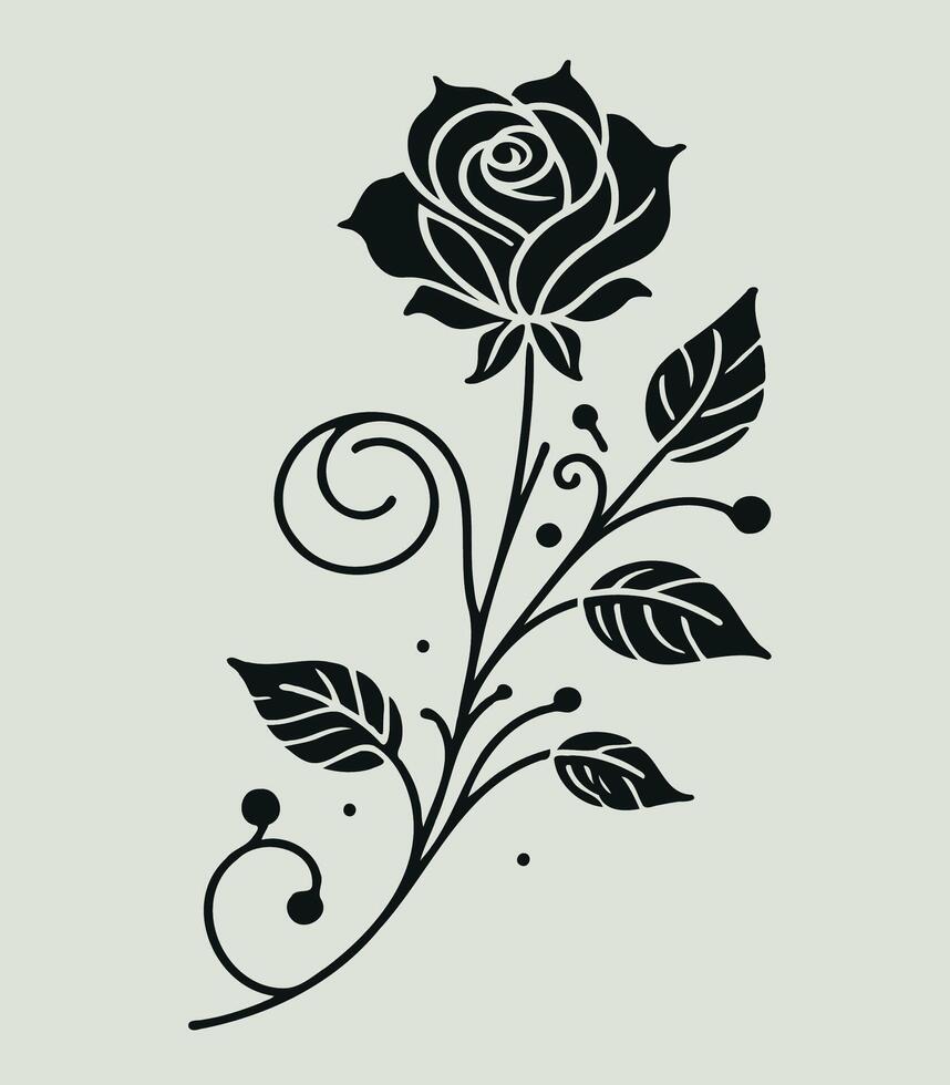 A black and white rose with swirls and leaves, Elegant continuous one line drawing of a rose flower outline for modern designs vector