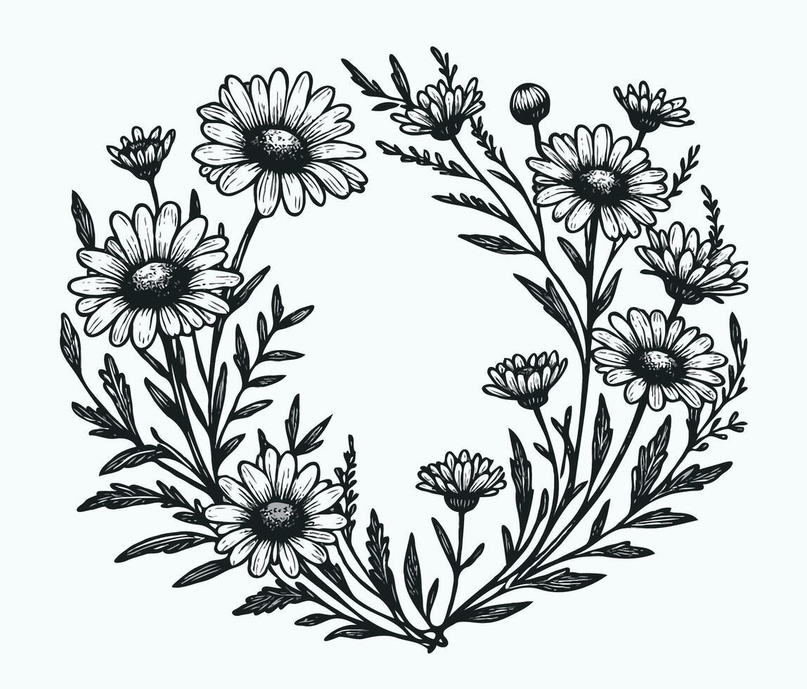 A black and white drawing of a wreath of flowers, Simple Line Art, Design Elements For Cards, Invitations, Banners, Posters, Logo vector