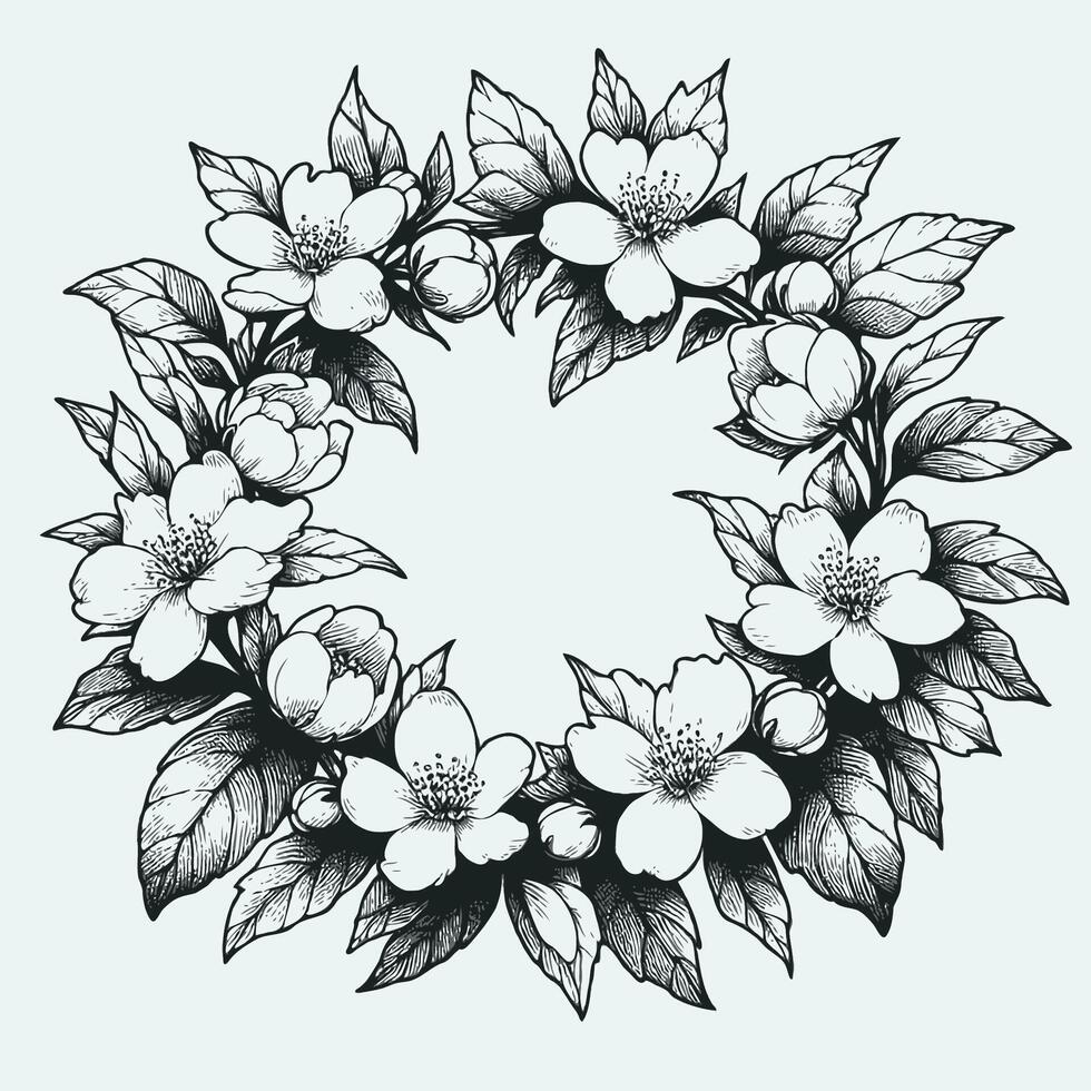 A black and white drawing of a wreath of flowers, Jasmine flower and leaves line art circle frame for card, invite, scrapbook or wallpaper. Delicate flower wreath, background. vector