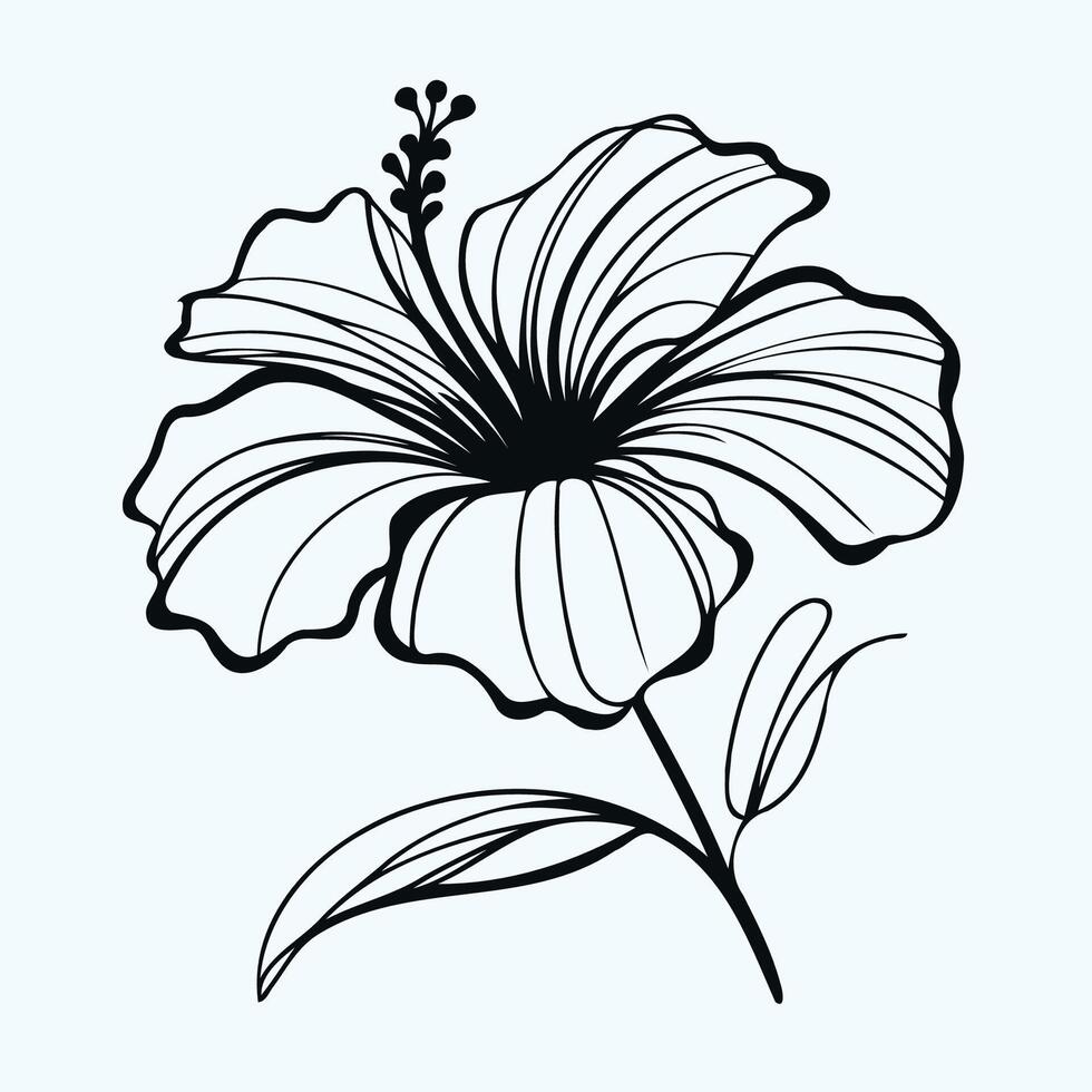Adobe Illustrator Artwork. Hibiscus flower icon, contour flowers hibiscus line art floral, leaves black and white illustration Chinese rose set of decorative elements of plants stylized vector