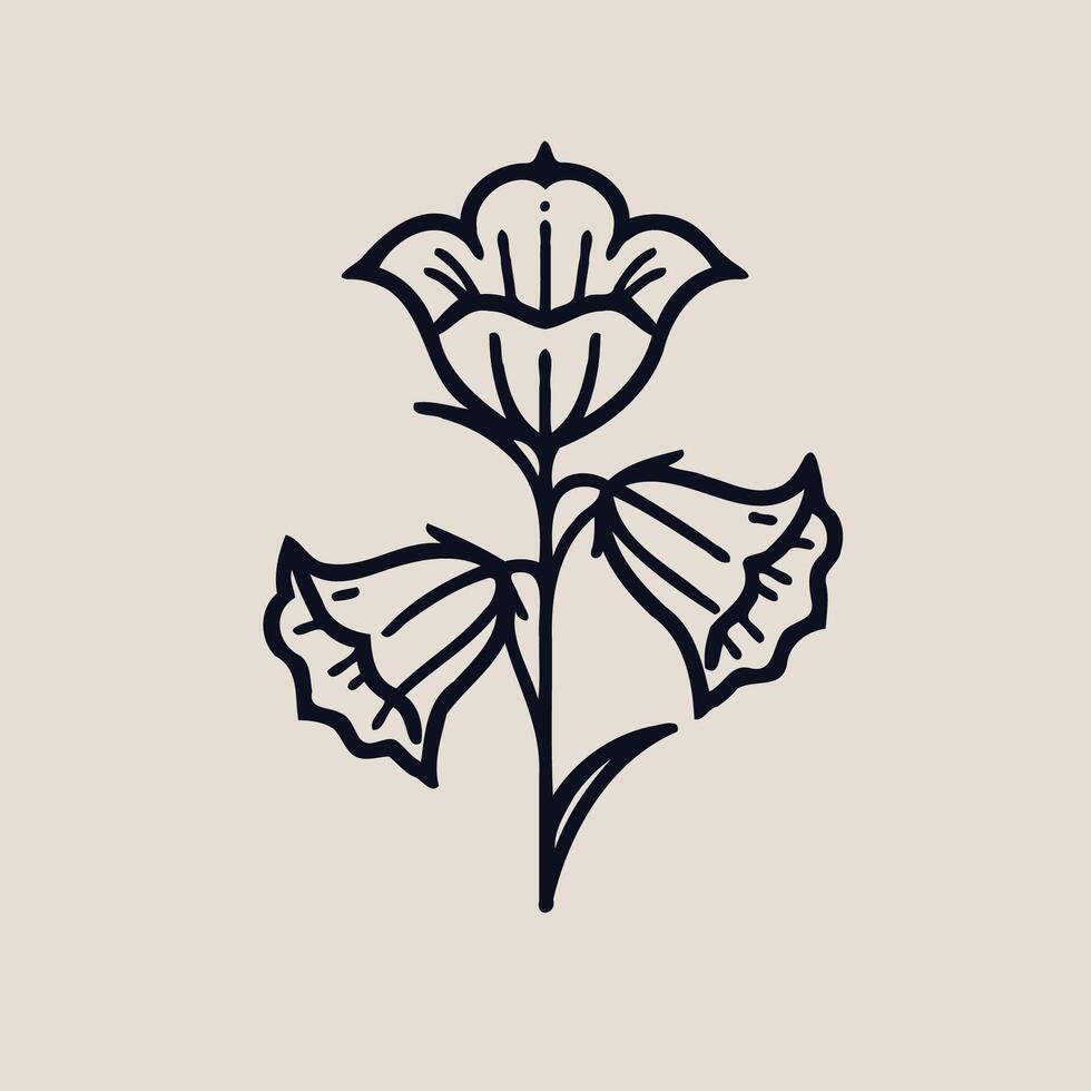 A black and white illustration of a flower, Bluebell flower and leaf hand drawn botanical illustration with line art. vector