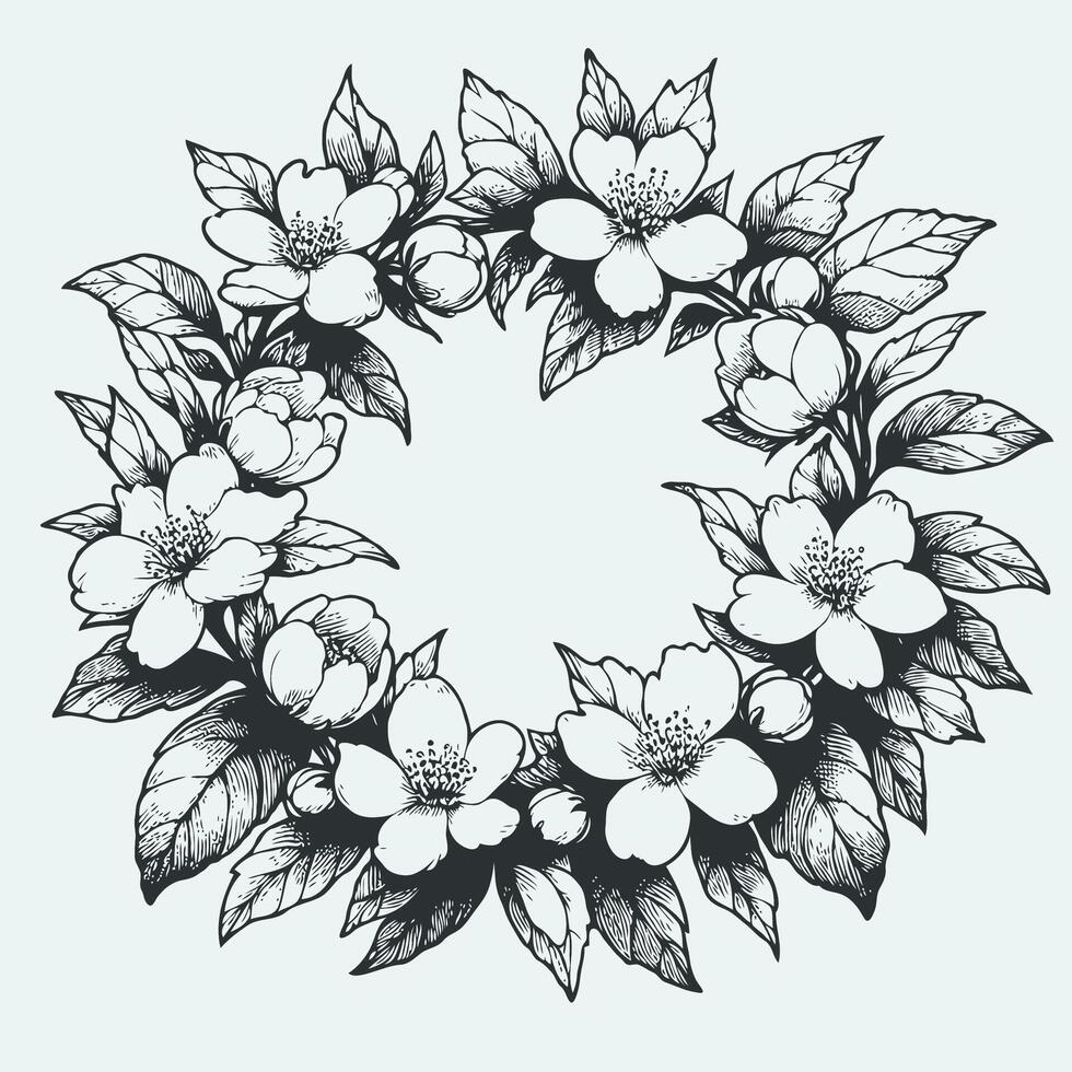 A wreath of flowers in black and white, Jasmine flower and leaves line art circle frame for card, invite, scrapbook or wallpaper. Delicate flower wreath, background. vector