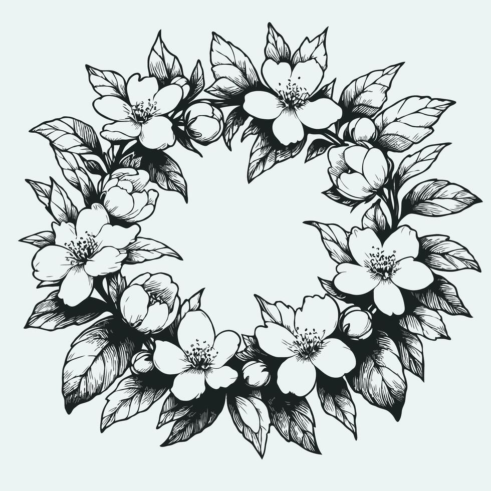 A black and white drawing of a wreath of flowers, Jasmine flower and leaves line art circle frame for card, invite, scrapbook or wallpaper. Delicate flower wreath, background. vector