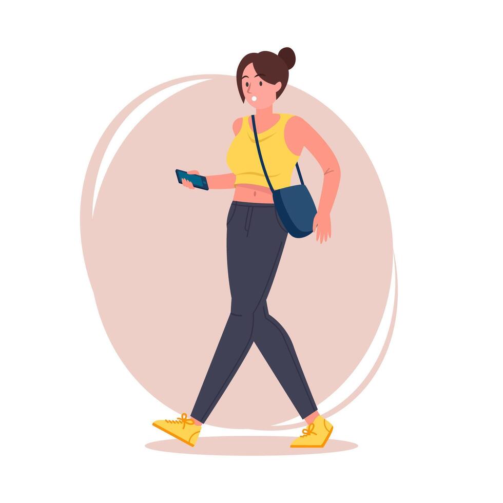 Hipster girl pose flat illustration. Cartoon latina female character with tied hair in stylish jeans, sneakers and shoulder bag, brunette woman walking and holding a smartphone vector