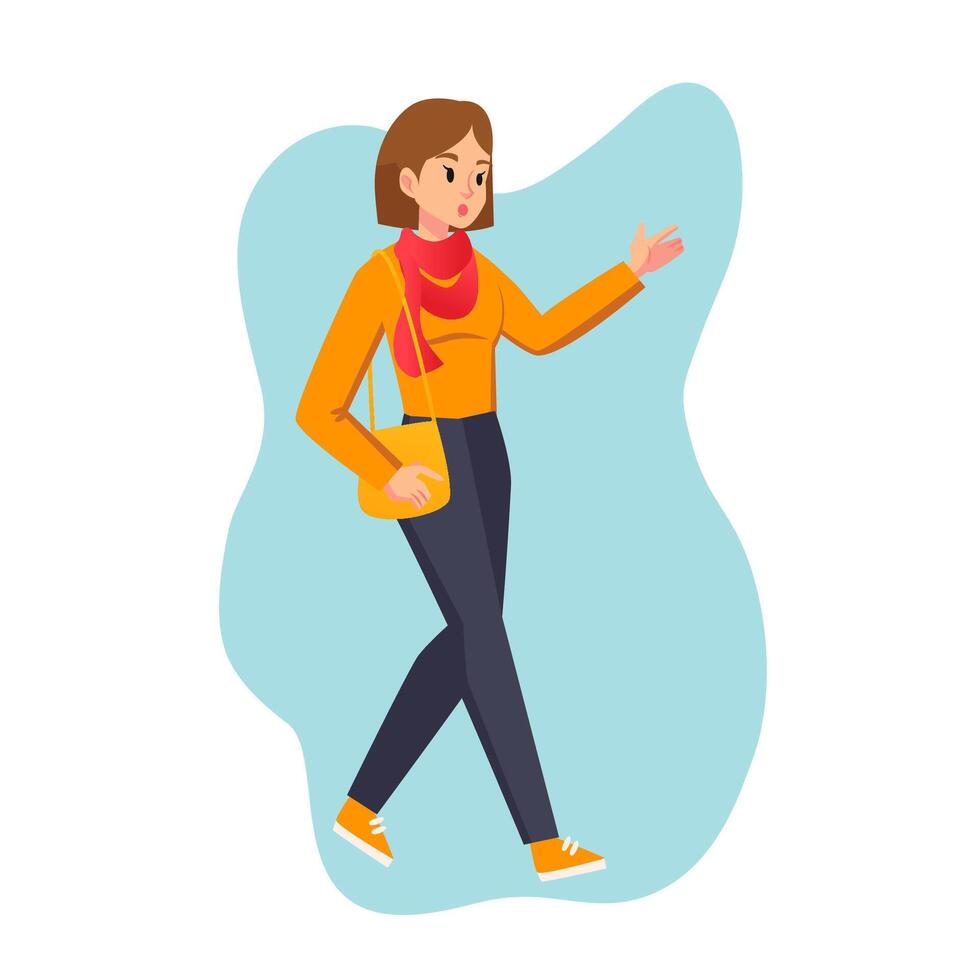 Cartoon woman in casual outfit. Young female character standing worried or calming someone else. Student girl carrying a shoulder bag. face expression flat style vector