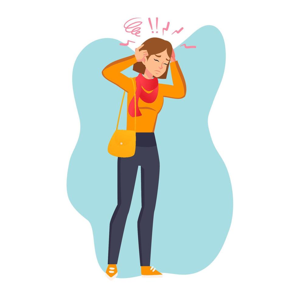 Cartoon woman in casual outfit. Young female character standing has a headache or migraine. Student girl carrying a shoulder bag. face expression flat style vector