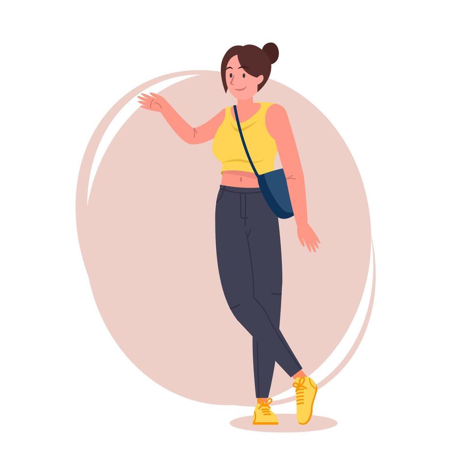 Hipster girl pose flat illustration. Cartoon latina female character with tied hair in stylish jeans, sneakers and shoulder bag, brunette woman standing and explaining something vector