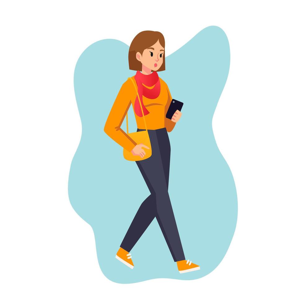 Cartoon woman in casual outfit. Young female character walking holding a phone. Student girl carrying a shoulder bag. face expression flat style vector