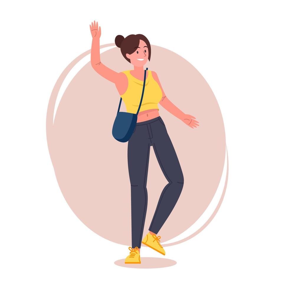 Hipster girl pose flat illustration. Cartoon latina female character with tied hair in stylish jeans, sneakers and shoulder bag, brunette woman standing and raised one hand vector