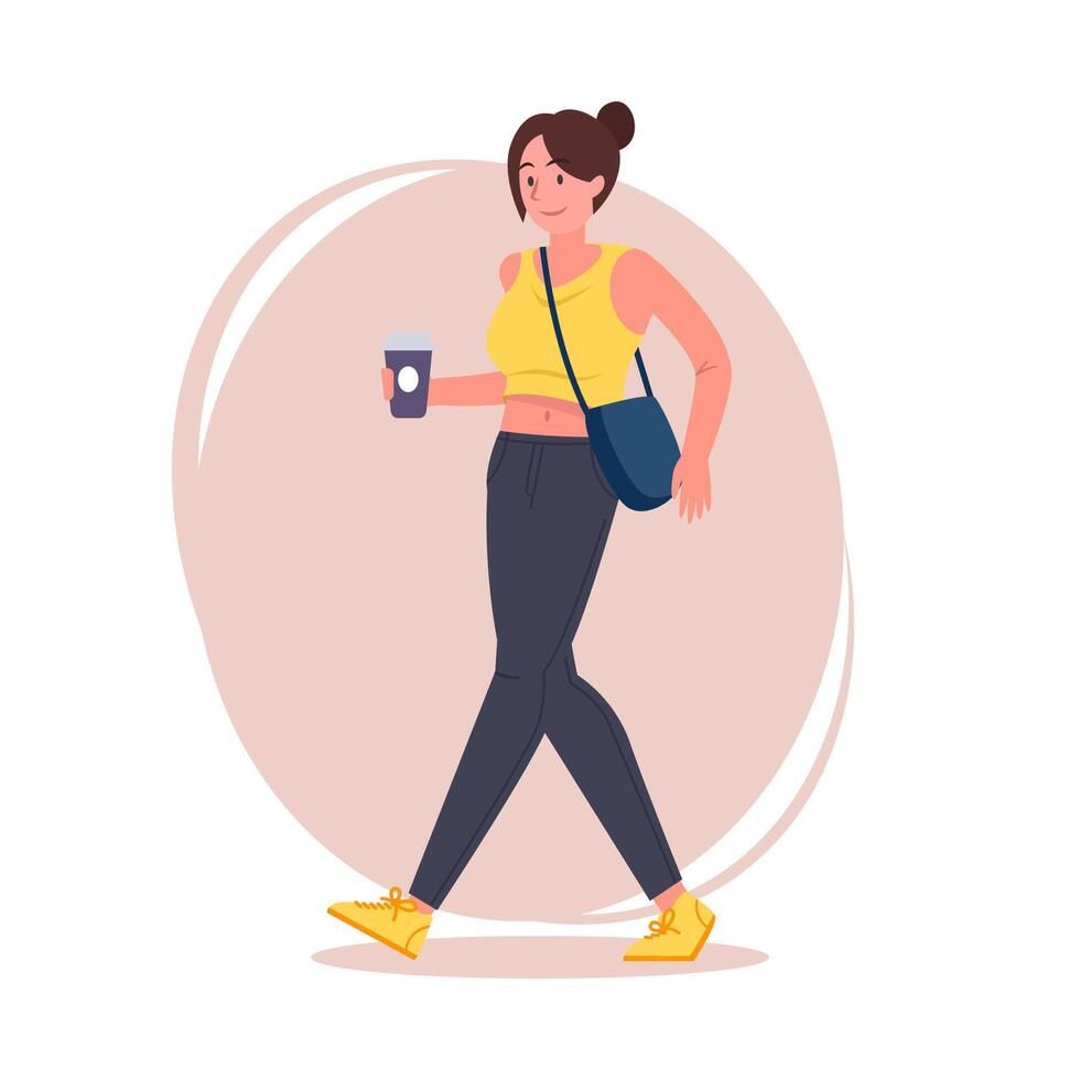 Hipster girl pose flat illustration. Cartoon latina female character with tied hair in stylish jeans, sneakers and shoulder bag, brunette woman walking and holding a coffee cup vector