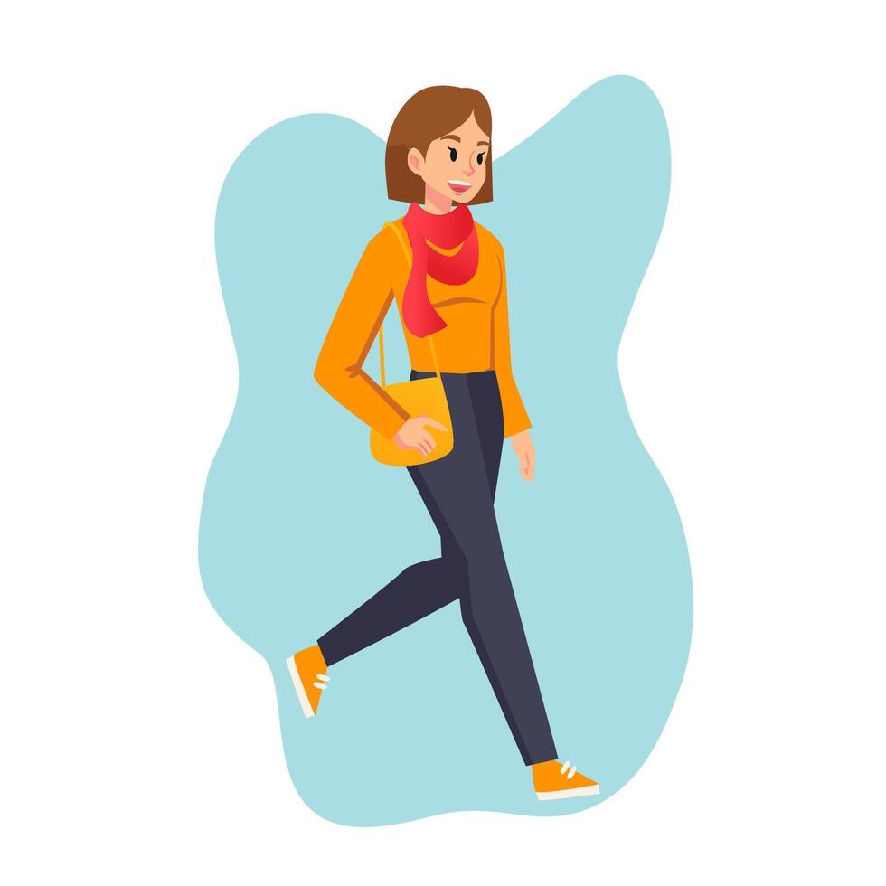 Cartoon woman in casual outfit. Young female character walking and smiling. Student girl carrying a shoulder bag. face expression flat style vector