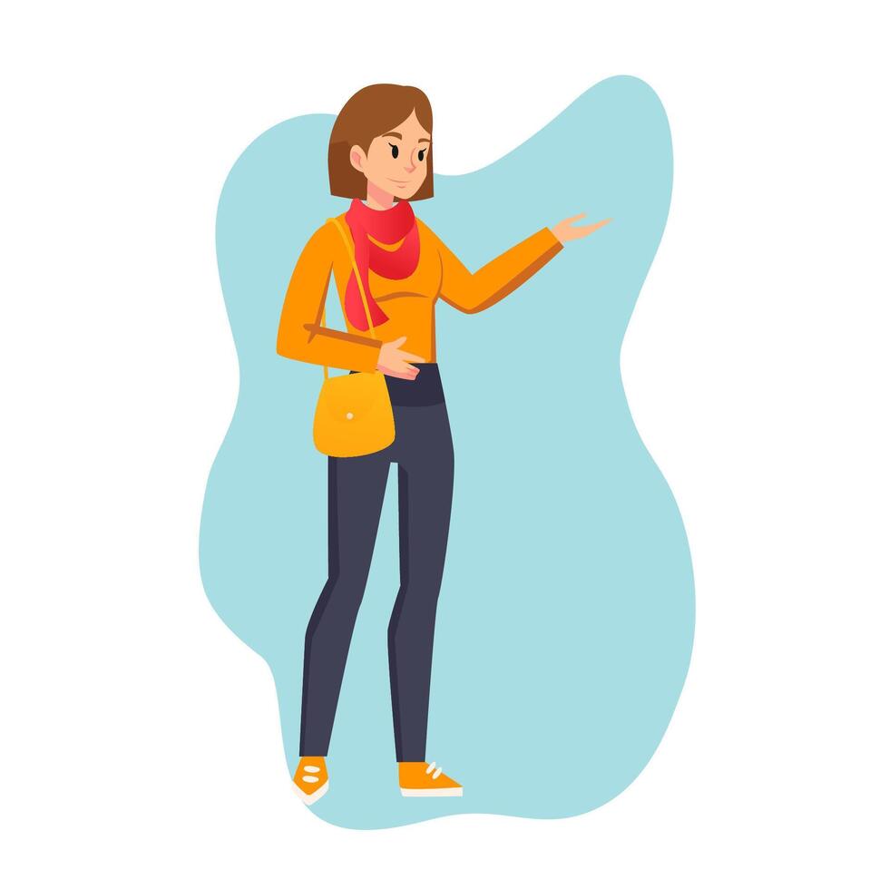 Cartoon woman in casual outfit. Young female character standing and explaining something. Student girl carrying a shoulder bag. face expression flat style vector