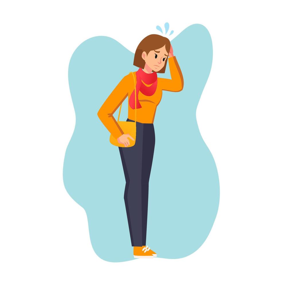 Cartoon woman in casual outfit. Young female character standing worried or forgets something. Student girl carrying a shoulder bag. face expression flat style vector