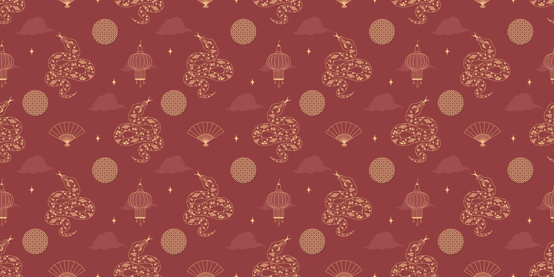 Snake seamless pattern, symbol of the Lunar New Year 2025. Outline snake, lantern, fan in geometric style on red background. Illustration for background, banner, card, wrapping paper, textile vector