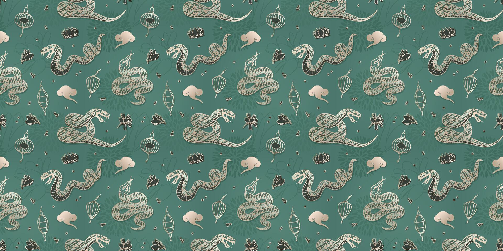 Snake seamless pattern, symbol of the Chinese New Year 2025. Outline geometric snakes, lanterns and magnolia on green background. Illustration for background, greeting card, banner, wrapping vector