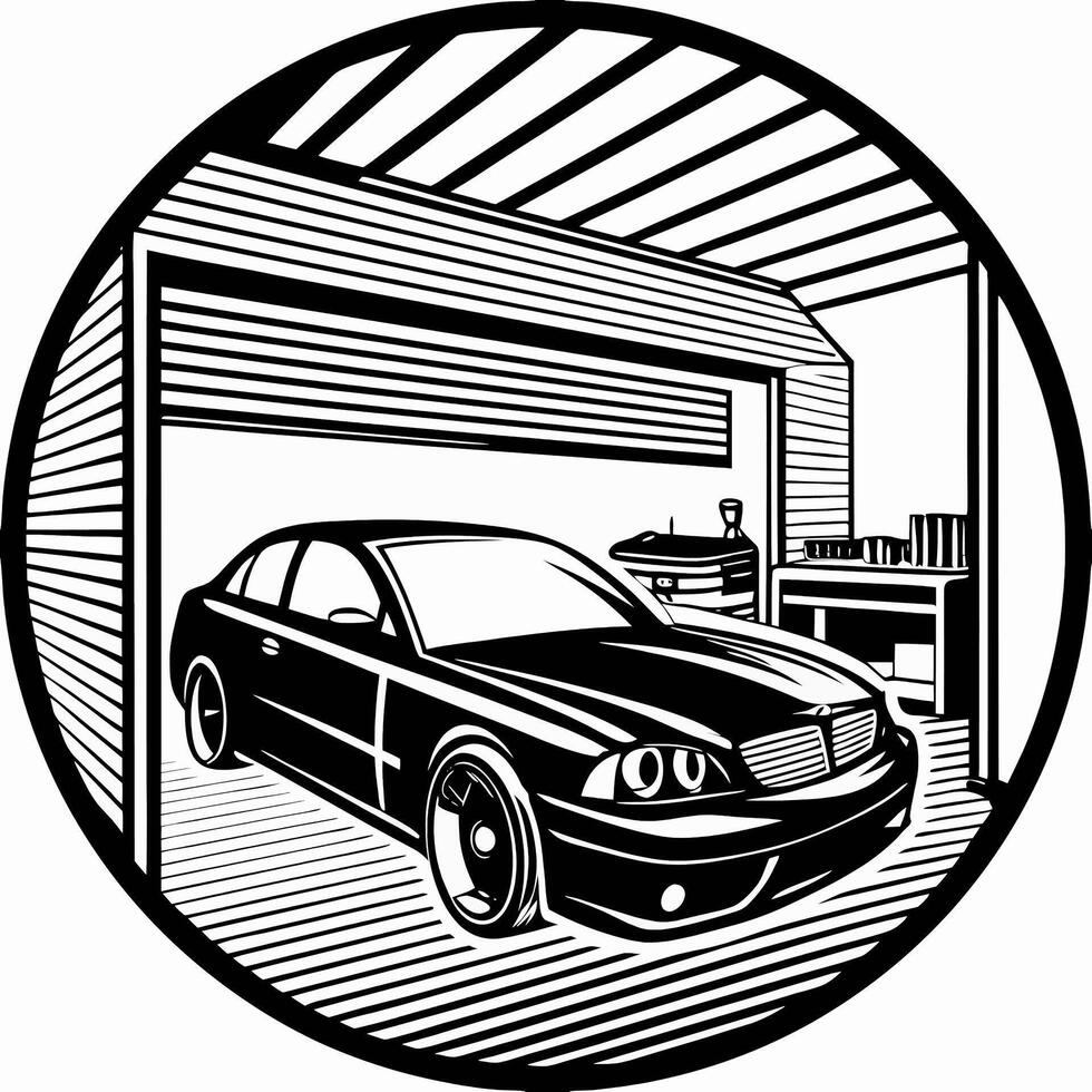Car in garage black and white vector