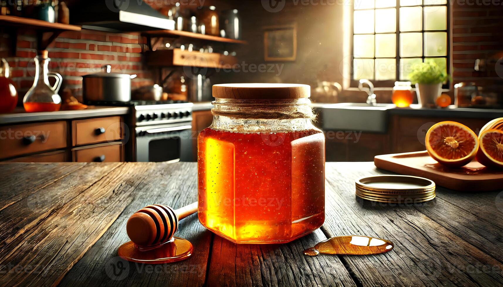 Golden Honey Jar in Rustic Kitchen Setting photo