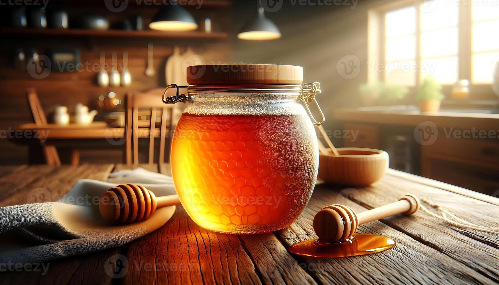 Golden Honey Jar in Rustic Kitchen Setting photo