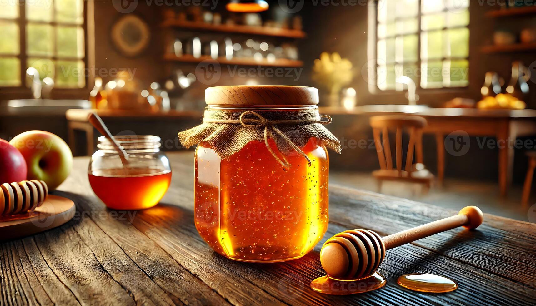 Golden Honey Jar in Rustic Kitchen Setting photo