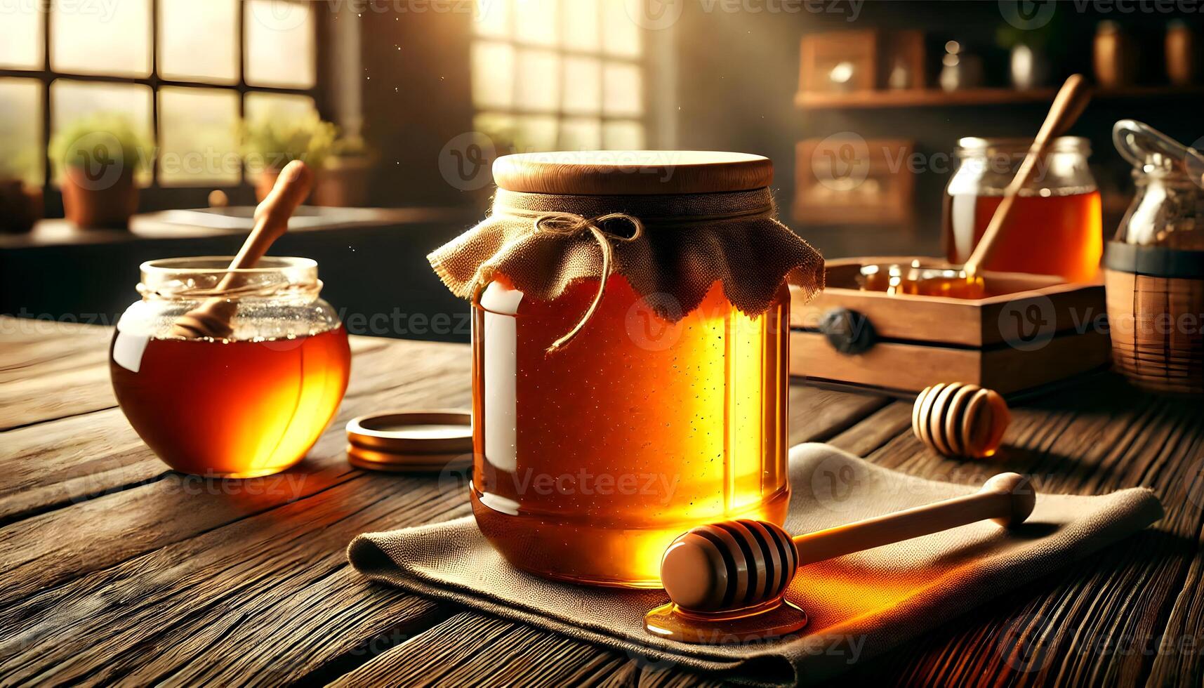 Golden Honey Jar in Rustic Kitchen Setting photo