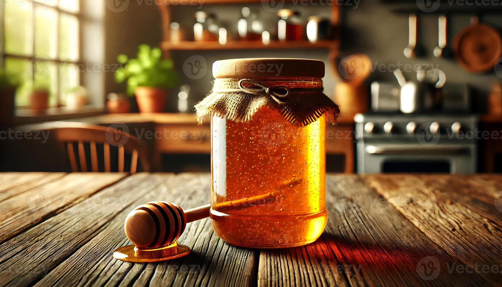 Golden Honey Jar in Rustic Kitchen Setting photo