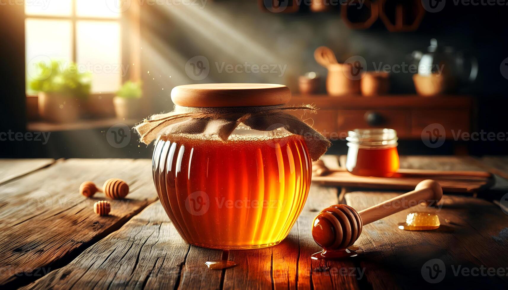 Golden Honey Jar in Rustic Kitchen Setting photo