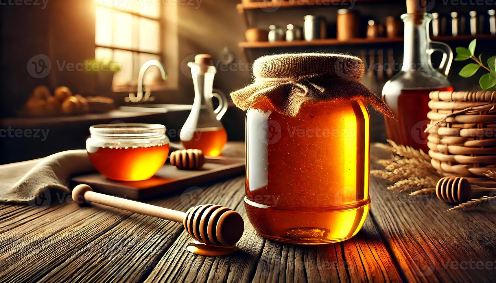 Golden Honey Jar in Rustic Kitchen Setting photo