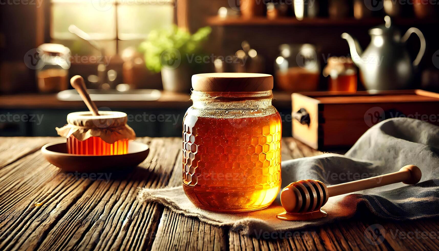 Golden Honey Jar in Rustic Kitchen Setting photo