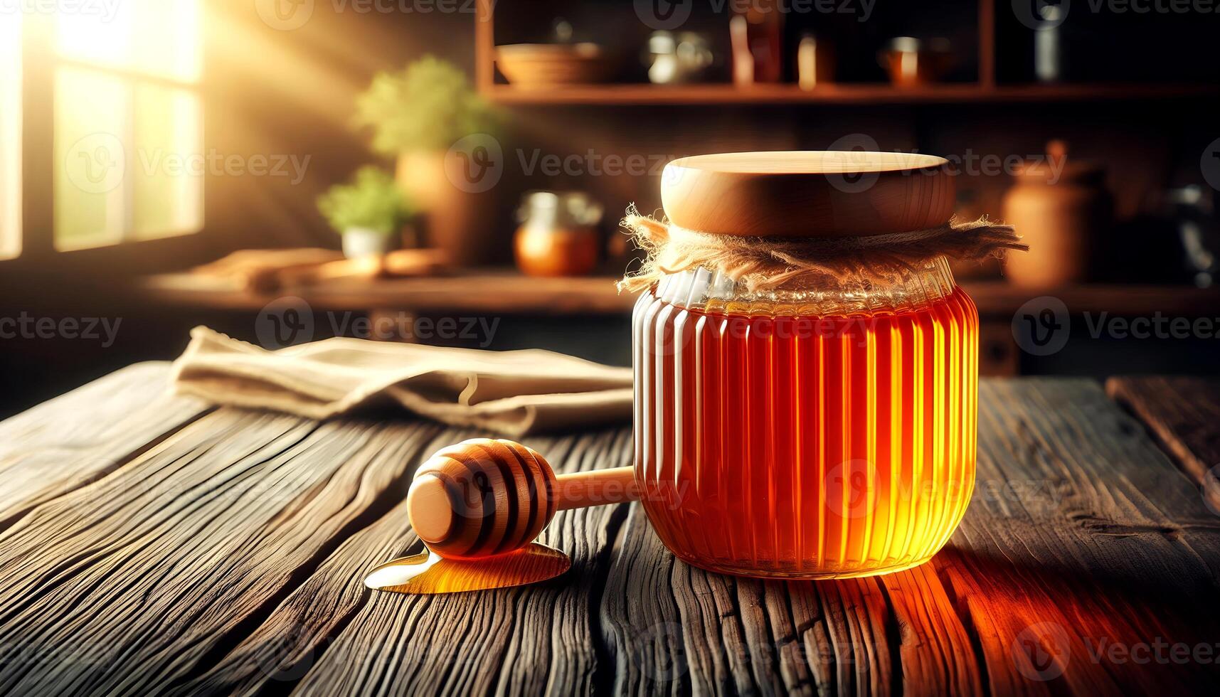 Golden Honey Jar in Rustic Kitchen Setting photo