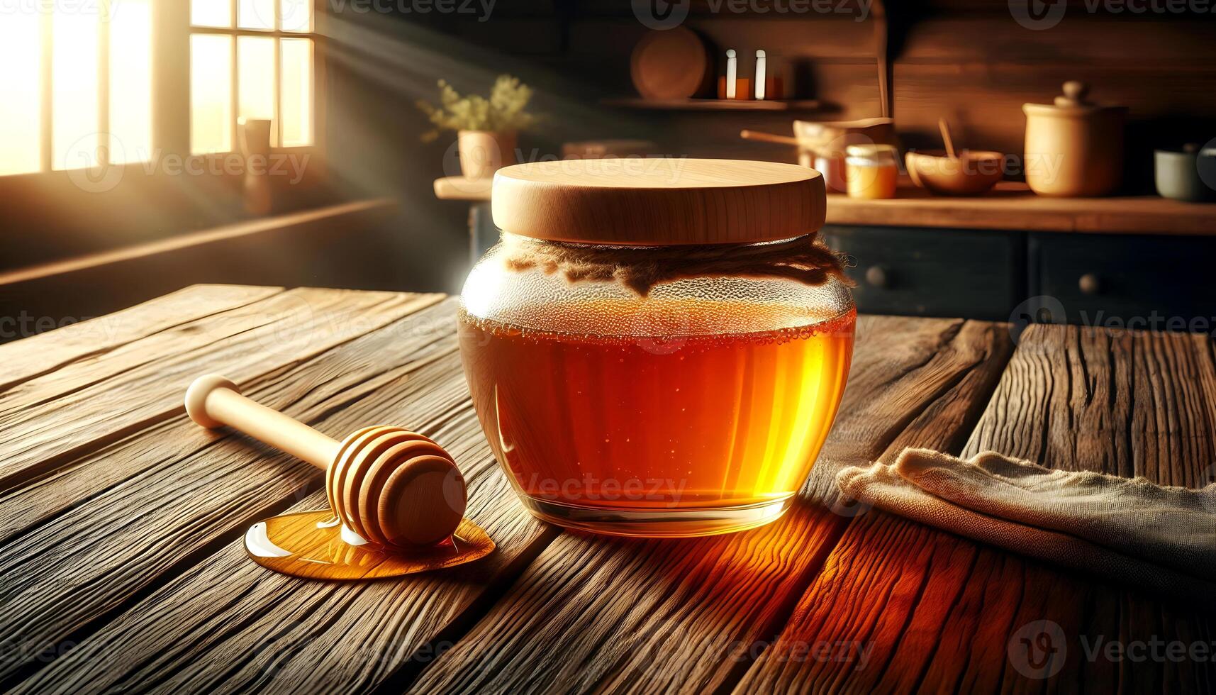 Golden Honey Jar in Rustic Kitchen Setting photo