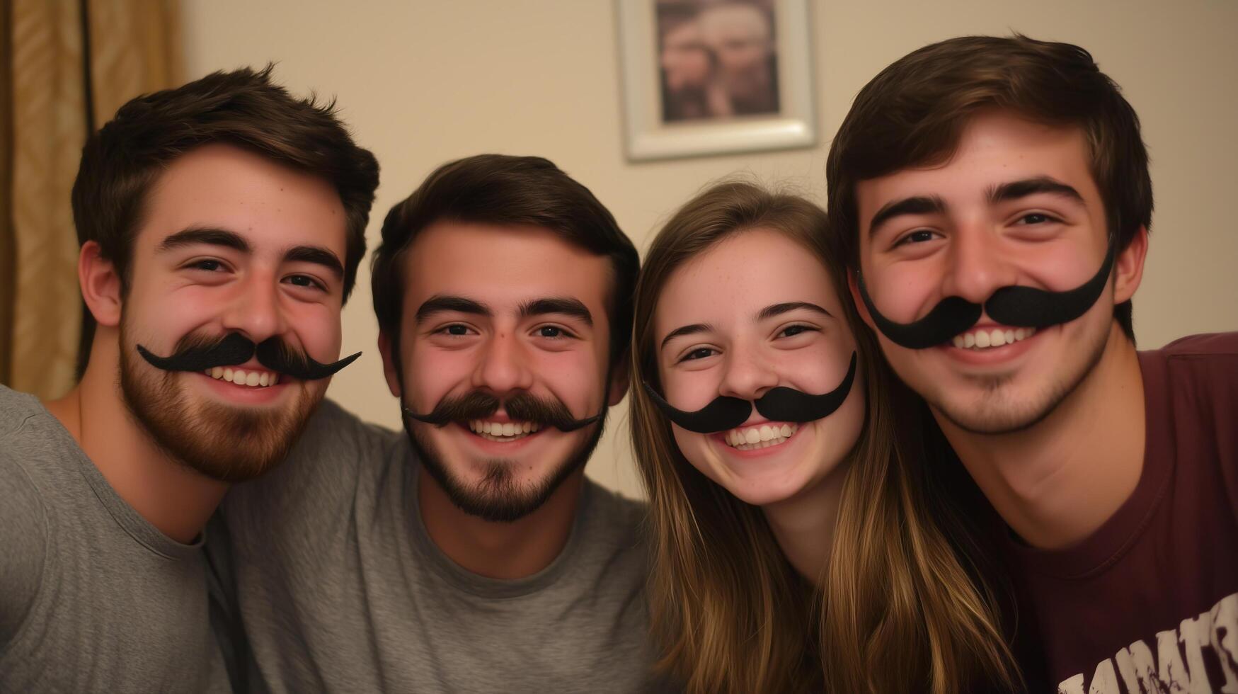 A group of smiling friends, both men and women, wearing fake mustaches while posing for a fun and playful photo, creating a joyful and lighthearted atmosphere with casual indoor lighting photo
