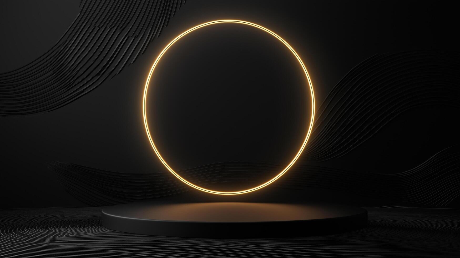 A minimalist black podium with a glowing circular neon ring, set against a dark background with elegant wavy lines photo