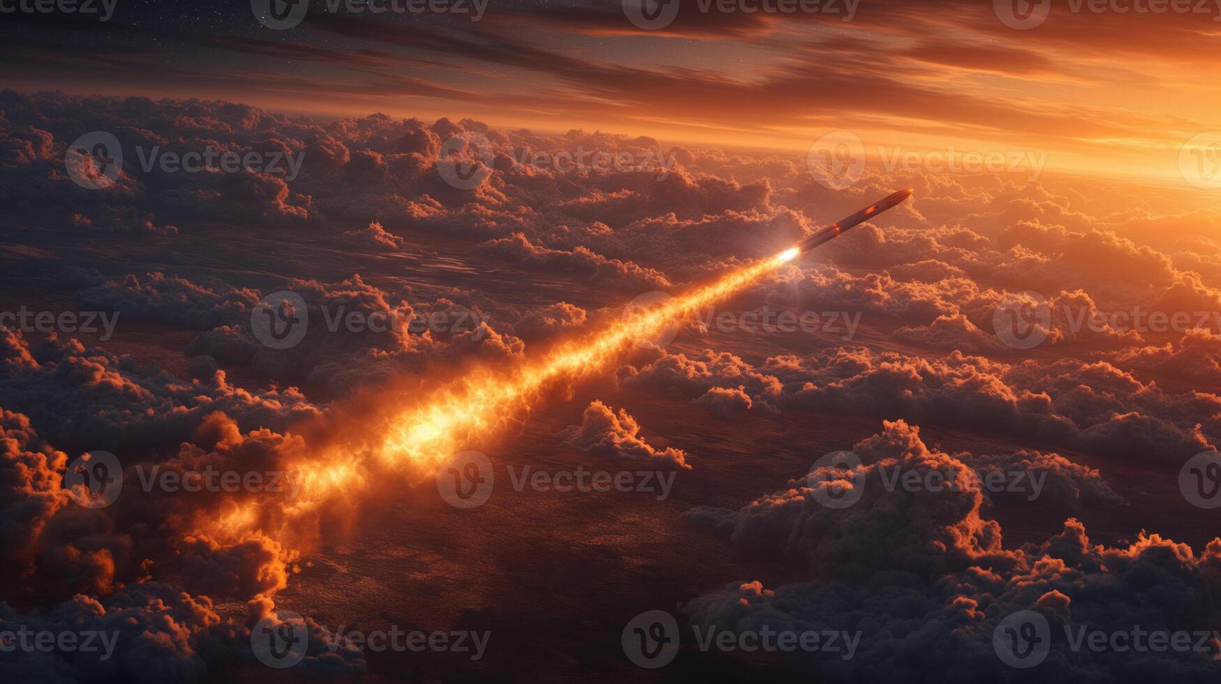 A combat missile takes off and flies among the clouds at sunset photo