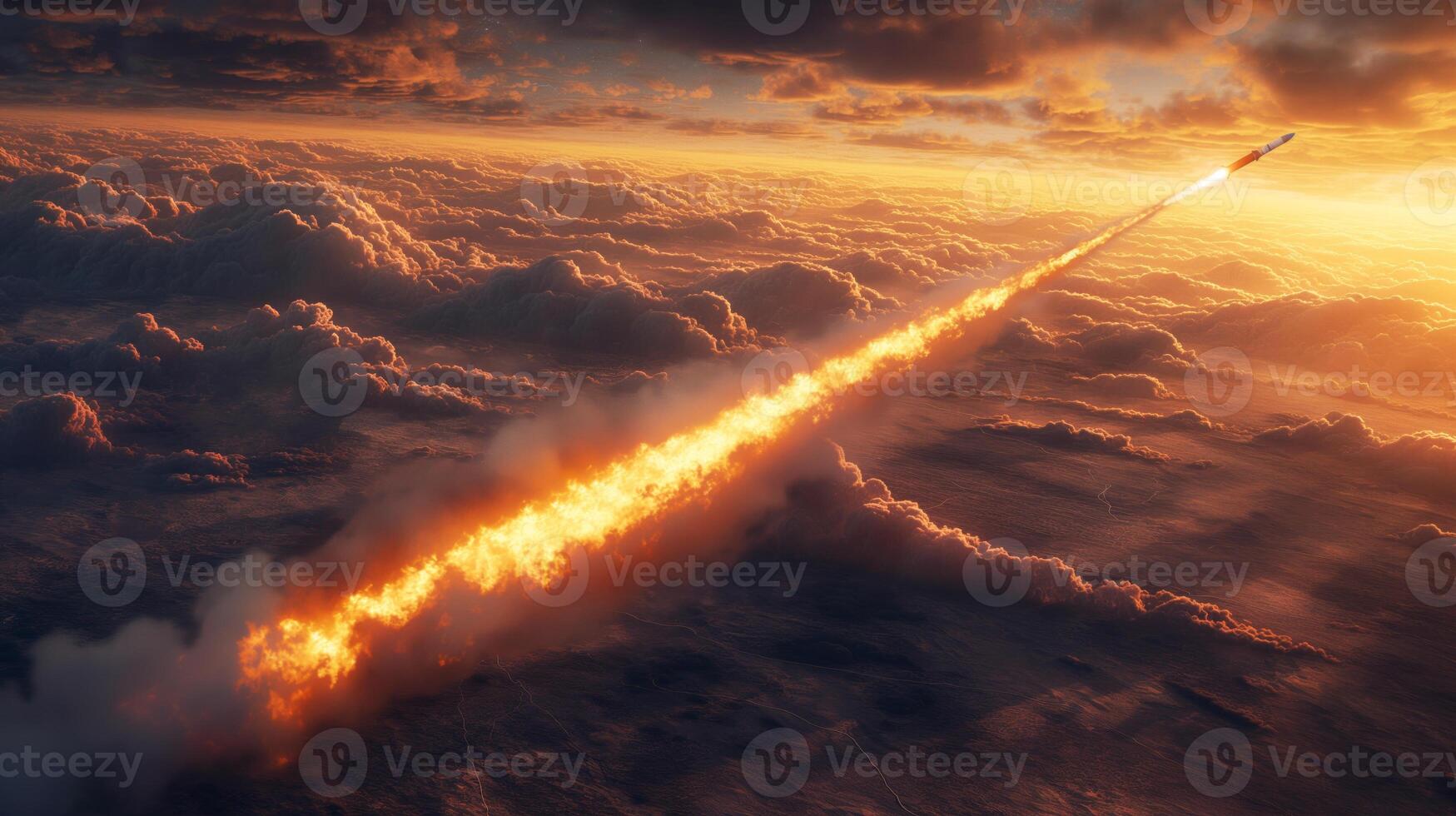 Flight of a combat missile at altitude among the clouds photo