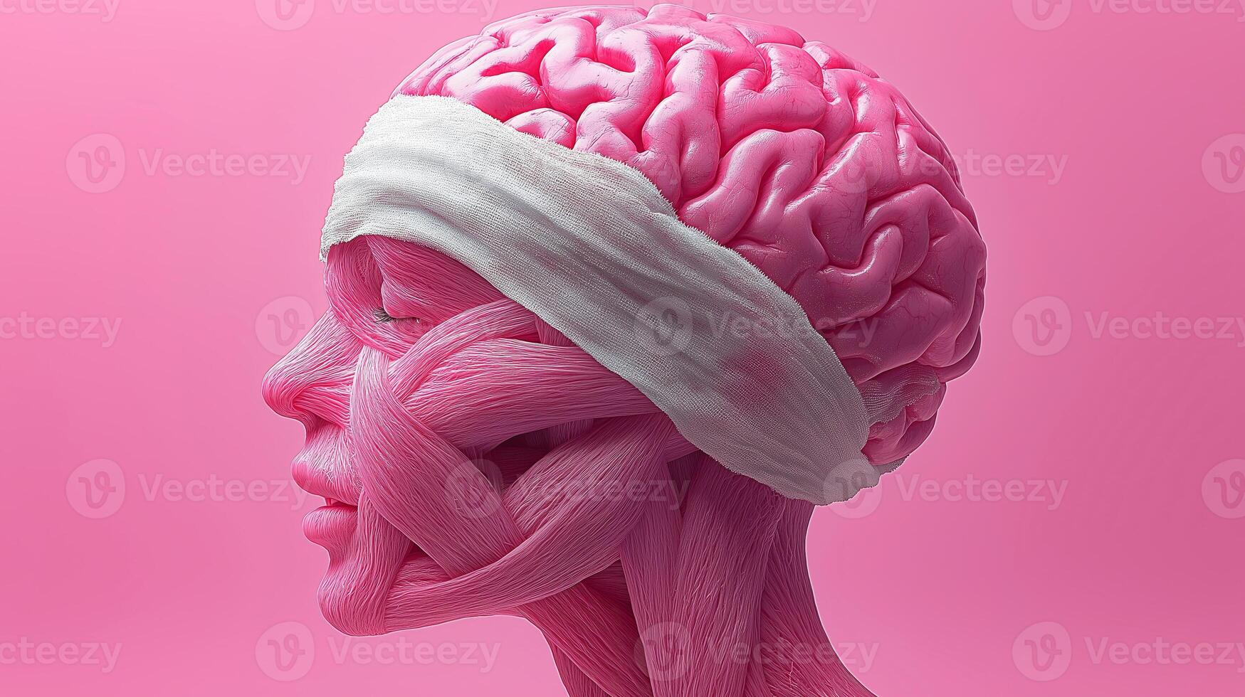 Diagram of human face and brain bandaged with white bandage showing headache photo