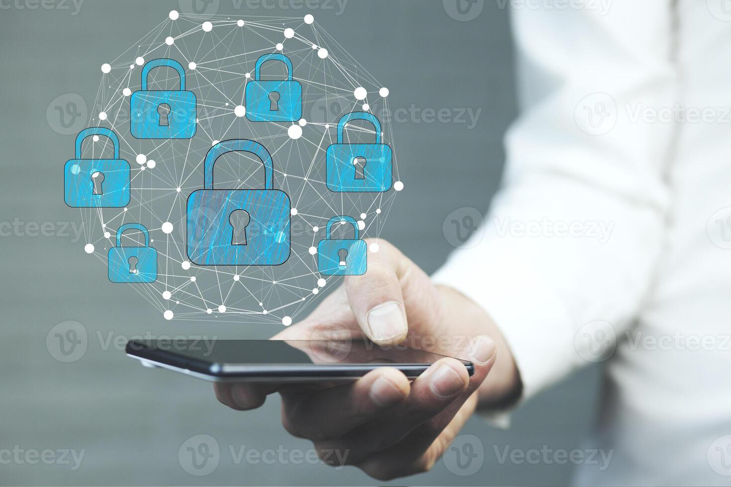 businessman hand showing phone with lock icon on screen photo