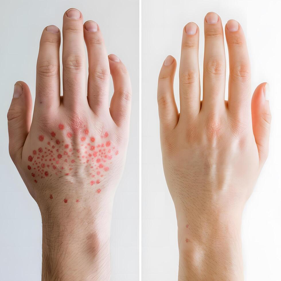 Two images of a hand with red spots on it photo