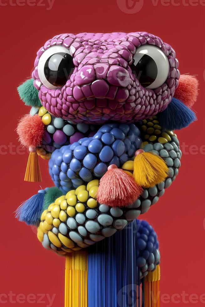 A high-resolution close-up of a colorful snake sculpture with glossy multicolored scales and decorative tassels, set against a bold red background. photo