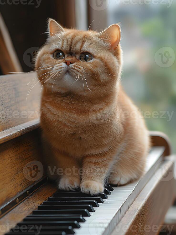 Orange kitten on piano keys photo