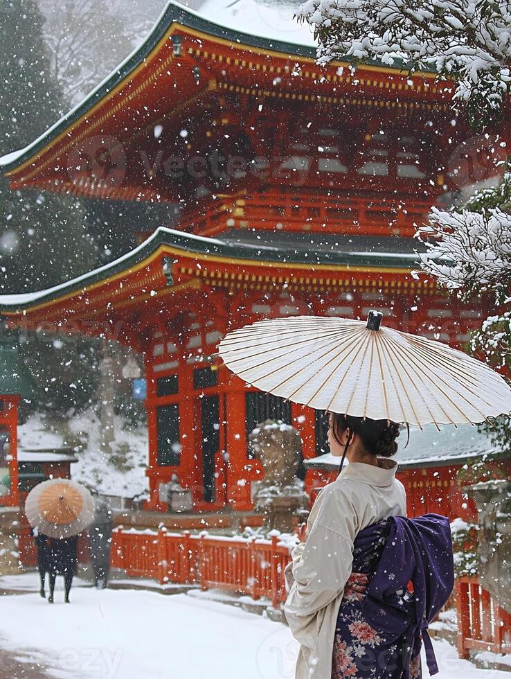 A serene winter scene featuring a woman in traditional Japanese attire holding a parasol, standing near a vibrant red temple. photo