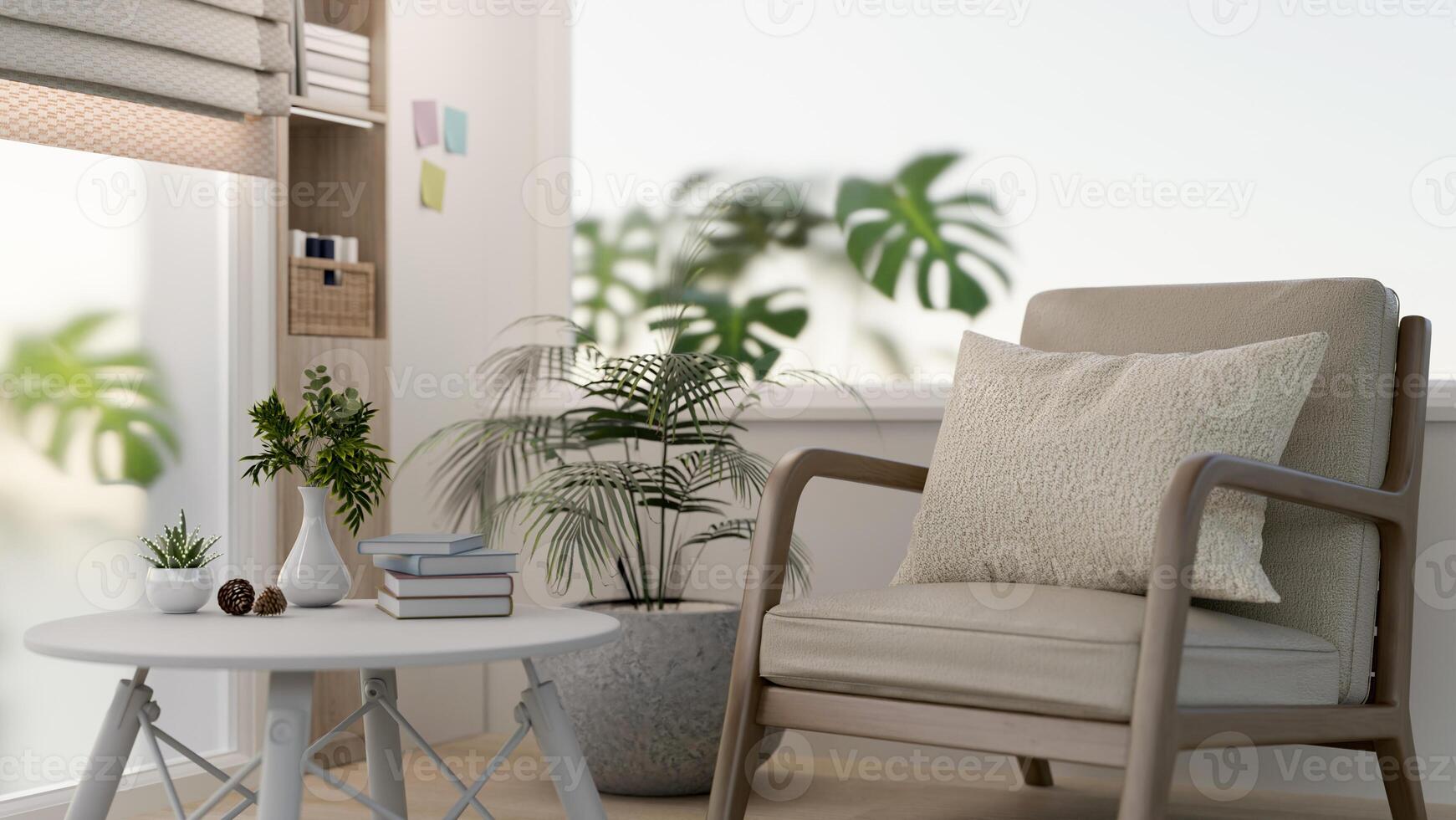 A Scandinavian home relaxation corner features a minimalist armchair, houseplants and a coffee table photo