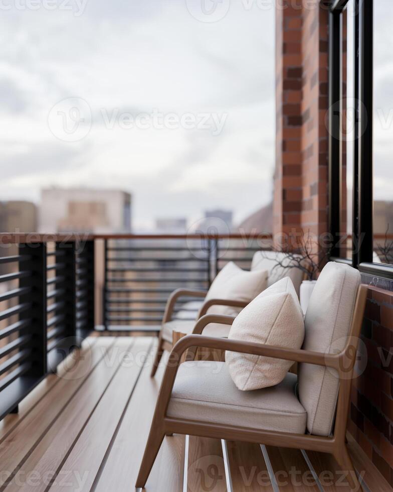 A side view of a contemporary, coy apartment balcony relaxation area featuring a city view. photo