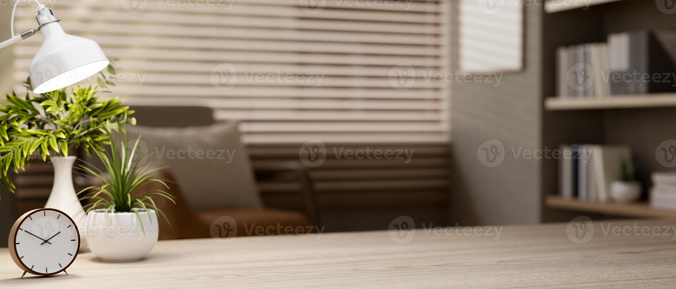 A close-up of a space on a wooden tabletop in a contemporary cozy room. photo